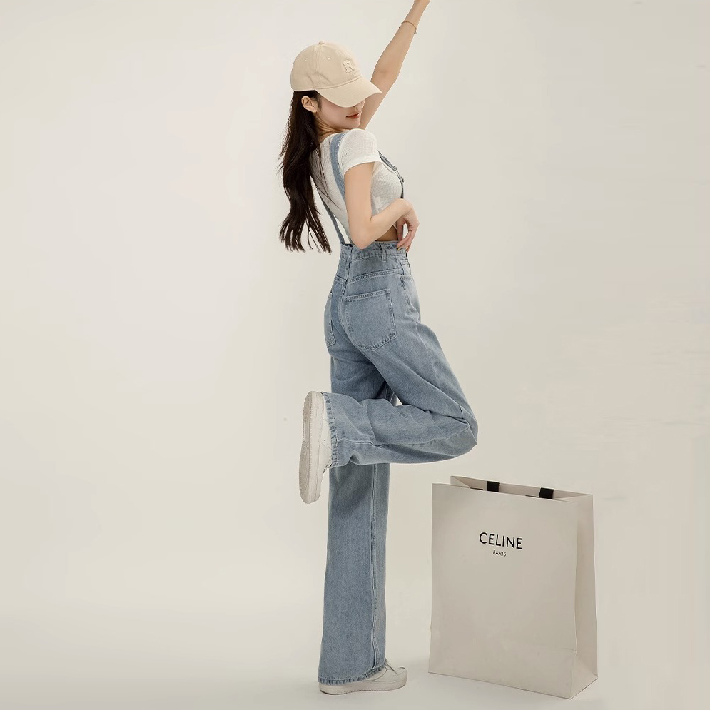 Jumpsuit Jeans Wanita Loose Fashion Kasual Import Biru / Hitam