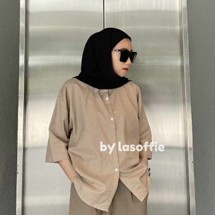 Lasoffie Linen Single Pocket | Baju kemeja linen tebal wanita oversize | Kemeja oversize wanita atas