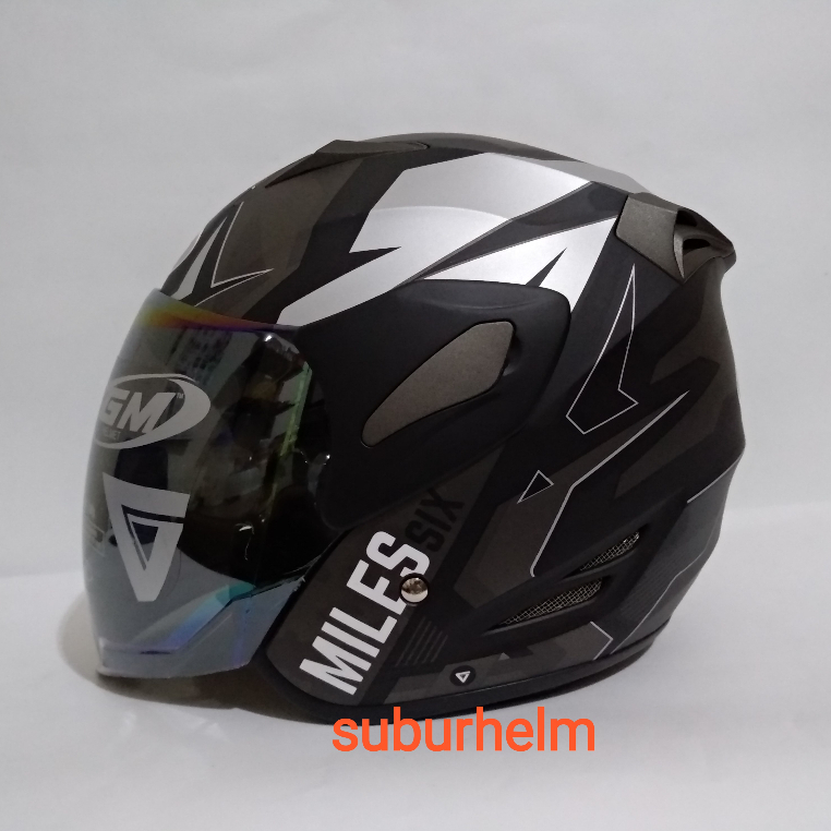 HELM  GM  FIGHTER  SIX MILLES   BLACK / SILVER  DOFF  DAN  GLOSSY   HALF FACE  SINGLE VISOR