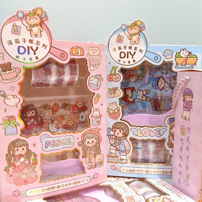 

Sticker Roll Set 2D (3x3) + DIY Gantungan Kunci Motif Milk Girl / Washi Tape Waterproof / Stiker Dekorasi