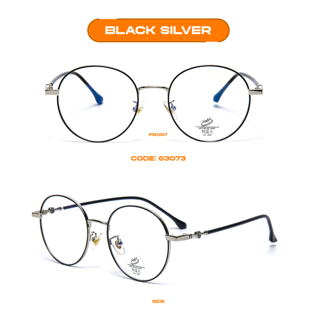 Robins kacamata Bulat Anti Radiasi Komputer Frame Kacamata Bisa Minus Photocromic Bluecromic Fashion Terbaru Pria Wanita 63073-Black Silver