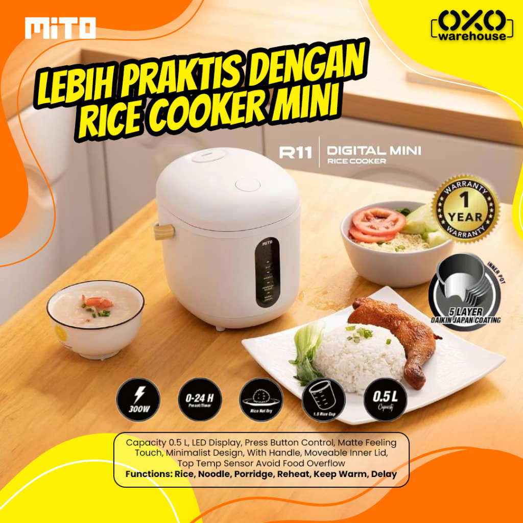 MITO Rice Cooker Digital Mini 0.5 Liter R11 Bahan Premium LED Display Low Watt Garansi Resmi Handle 