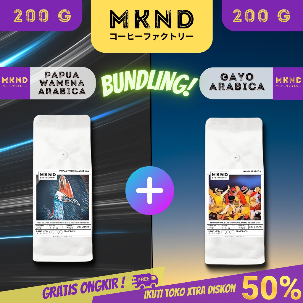 

MKND® BUNDLING HEMAT 2X200 KOPI ARABIKA ACEH GAYO GRADE 1 +PAPUA WAMENA SINGLE ORIGIN PROMOBIJI BUBUK | SINGLE ORIGIN | PREMIUM COFFE | ROASTED BEANS | MANUAL BREW | COFFE ROASTERY DISCON