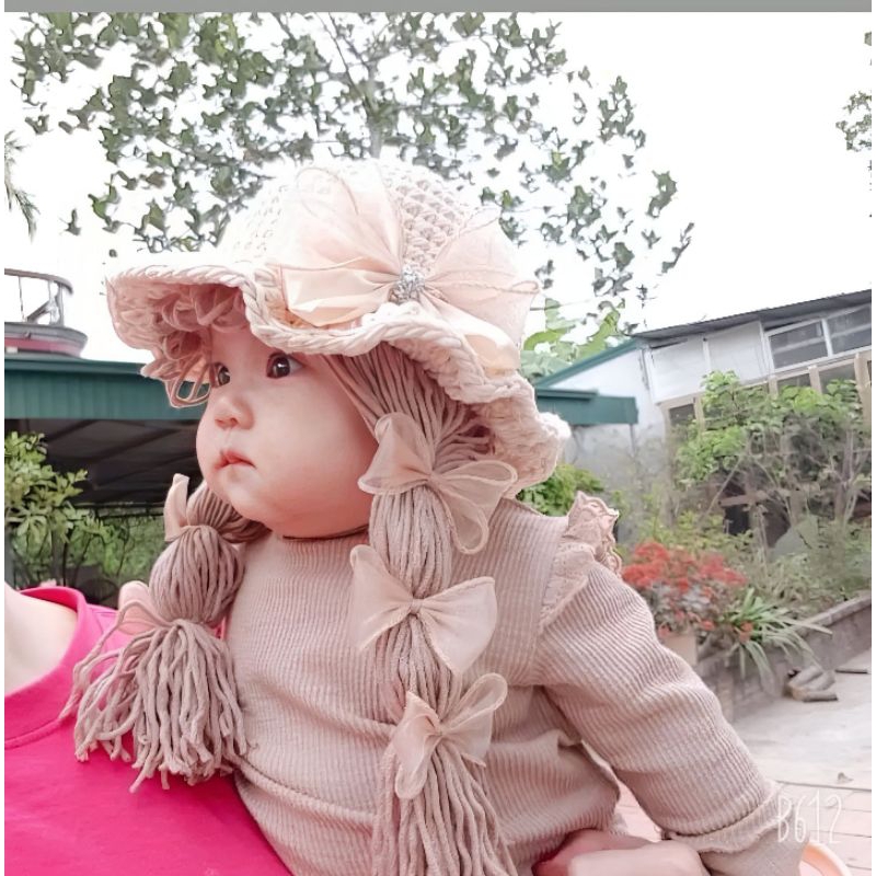 topi bayi perempuan wig rambut kepang pita premium