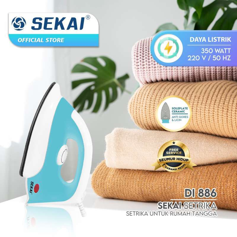 SEKAI Setrika Kering Premium Dry Iron DI - 886 Plat Keramik Ceramic Plate Anti Lengket Gores Hitam Biru Pink