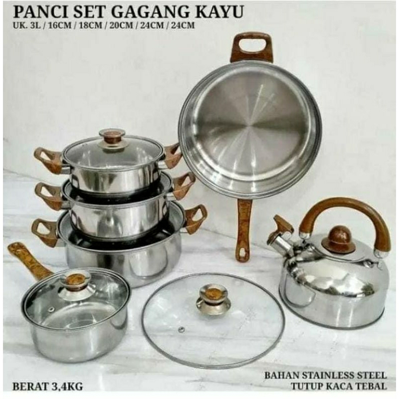 PANCI SET STAINLESS TEBAL GAGANG KAYU PANCI SET STAINLESS 6 IN 1