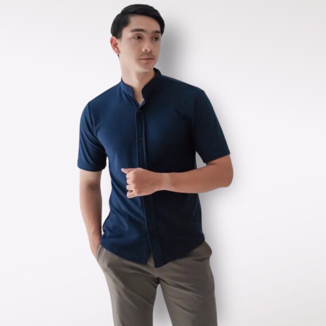 ALJOSA Kemeja Pria Polos Shanghai Navy Biru Dongker Lengan Pendek Kerah Koko Grandad Slimfit