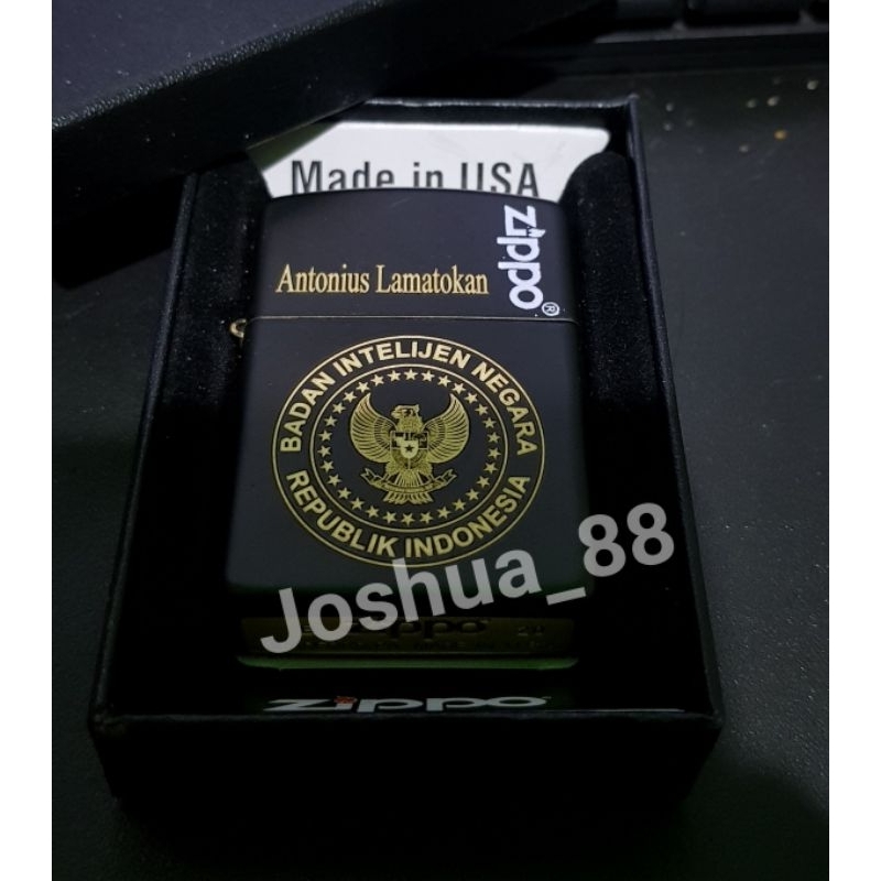 Zippo Korek Api Lighter Black Matte Custom Logo BIN Badan Intelijen Negara Bisa Ukir Nama Sendiri