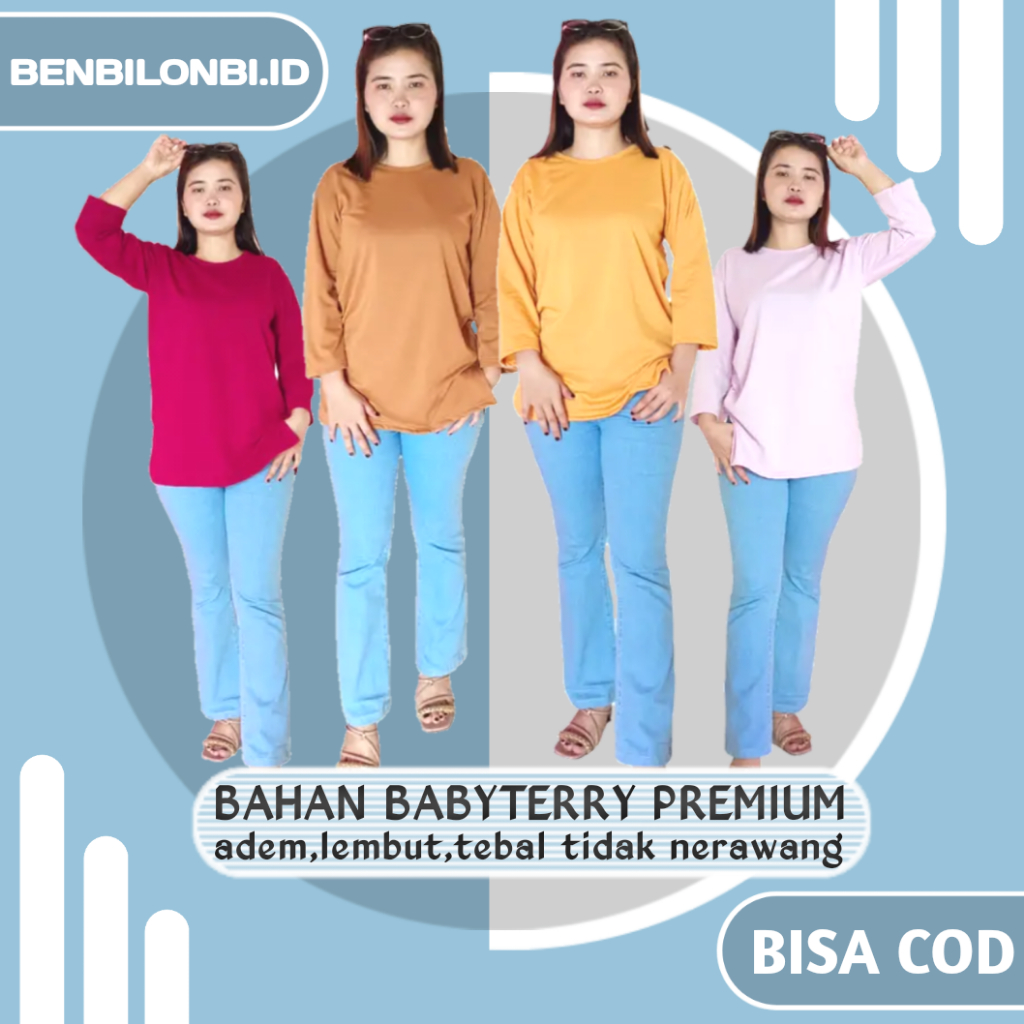 BAJU ATASAN KAOS BASIC POLOS WANITA OVERSIZE LENGAN 7/8 BAHAN BABYTERRY PREMIUM ADEM HALUS LEMBUT TE