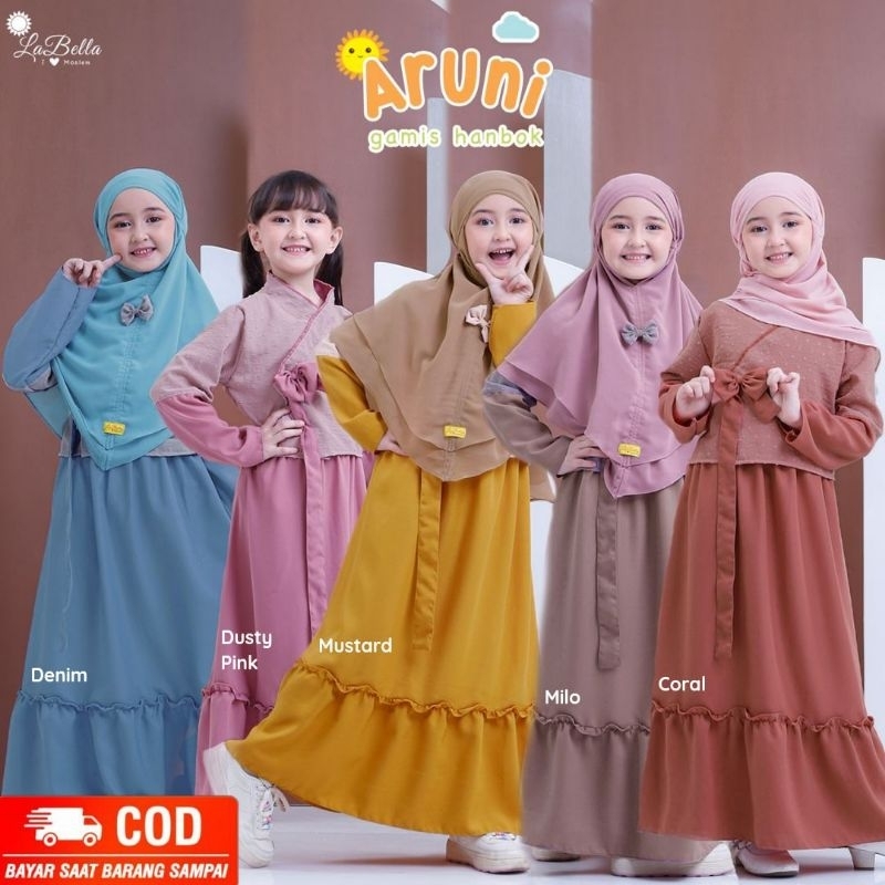 GAMIS ARUNI LABELLA MODEL HANBOK KOREA DRESS MUSLIM BRANDED CASUAL BAHAN MICHIKO MOTIF TIMBUL KOMBIN
