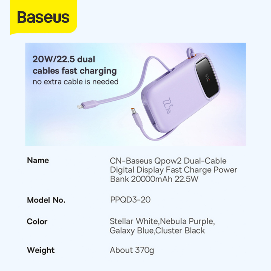 Baseus Qpow2 22.5W Fast Charging Power Bank Dual-cable Type-C PD QC SFC