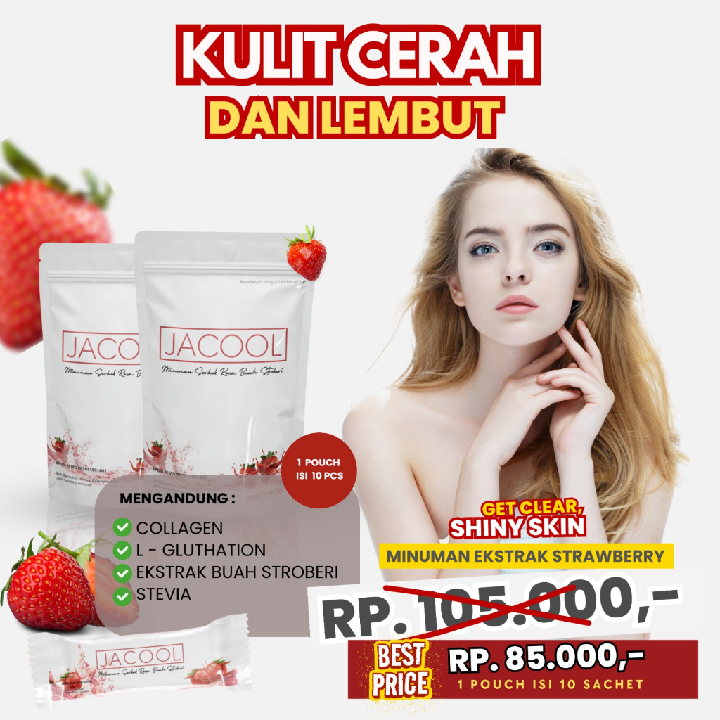 Jacool Collagen Drink Minuman Kolagen Ikan + Vitamin C L-Glutathione Rasa Strawberry Suplemen Kecantikan Perawatan Kulit Minuman Serbuk Collagen Beauty Drink Tripeptide Isi 10 Sachet BPOM