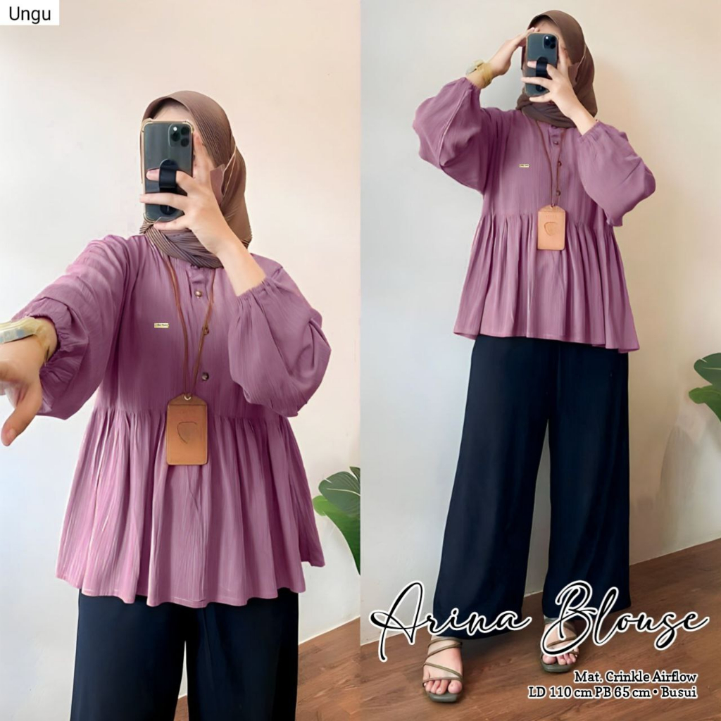 ATASAN WANITA TERBARU ARINA BLOUSE CRINKLE AIRFLOW PREMIUM REMPEL MUTER LENGAN KARET