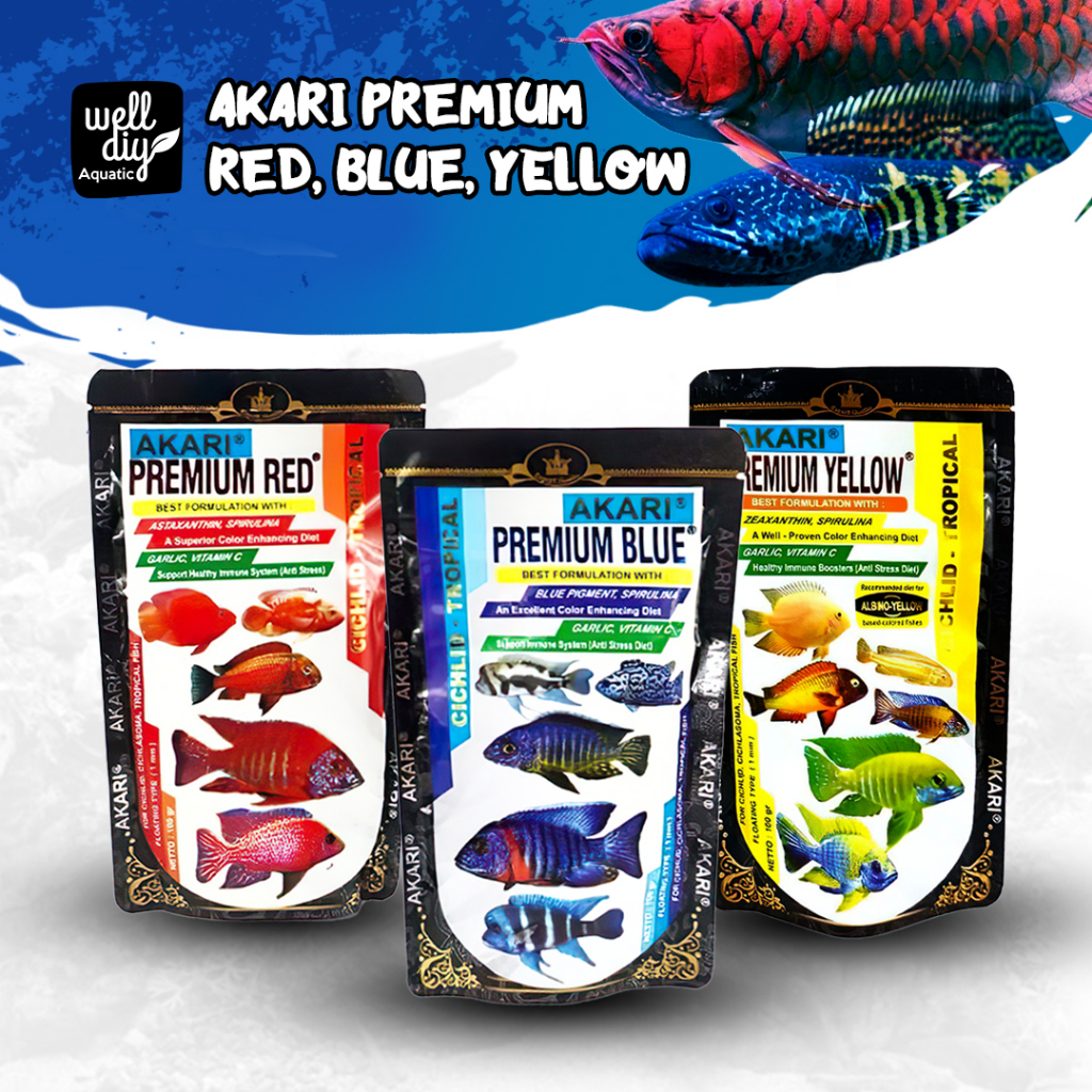 AKARI Premium Blue Red Yellow Pelet Pakan Ikan Cichlid Cupang Chana Tetra dan ikan hias lainnya - 100 gram