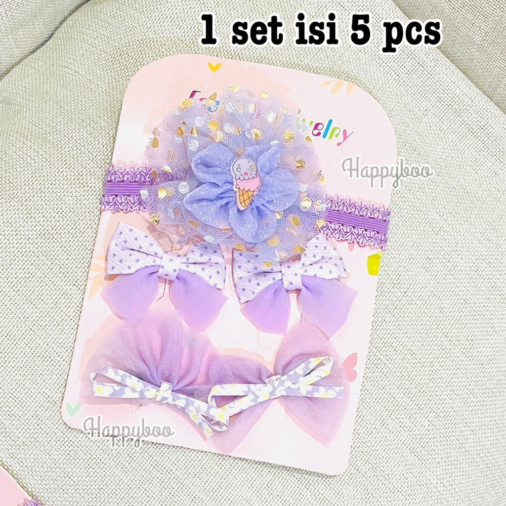 Aksesoris rambut set 5 in 1 bandana + jepit rambut psgn set bandana pita 5bj