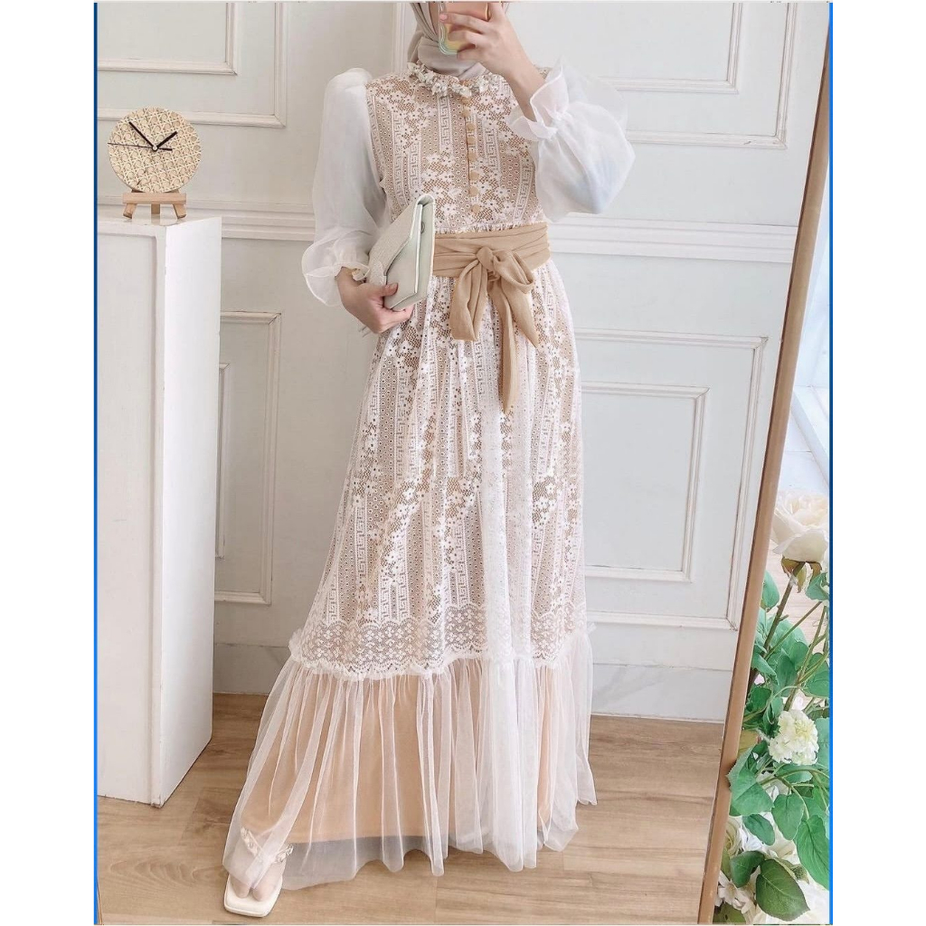 ALMIRAH 12 - Maxy Dress Inara Maxi Bahan Brukat Cotton Premium Lapis Furing Full Depan Belakang Bawah Kombi Tile, Bagian Lengan Lapis Organza Kancing Depan Variasi Busui Sleting Depan + Free Belt Bahan Kaos Furing