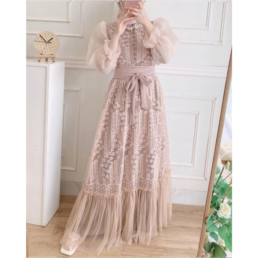 ALMIRAH 12 - Maxy Dress Inara Maxi Bahan Brukat Cotton Premium Lapis Furing Full Depan Belakang Bawah Kombi Tile, Bagian Lengan Lapis Organza Kancing Depan Variasi Busui Sleting Depan + Free Belt Bahan Kaos Furing