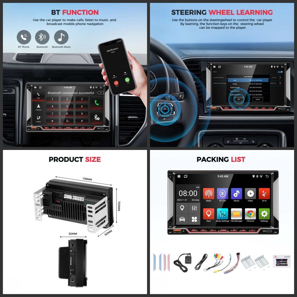 GEARELEC Car Radio 7inci double din Mobil Navigasi 4G + 32G Android12 Head Unit with 45 tema car radio with IPS Lapisan Layar Sentuh  Dukungan WiFi/GPS/youtube