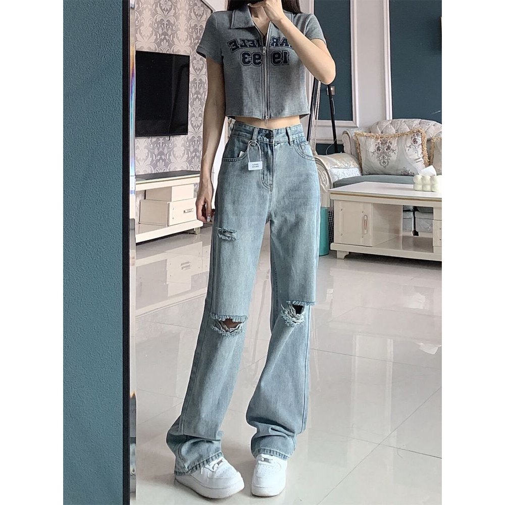 Biru muda highwaist sobek celana jeans panjang wanita import terbaru