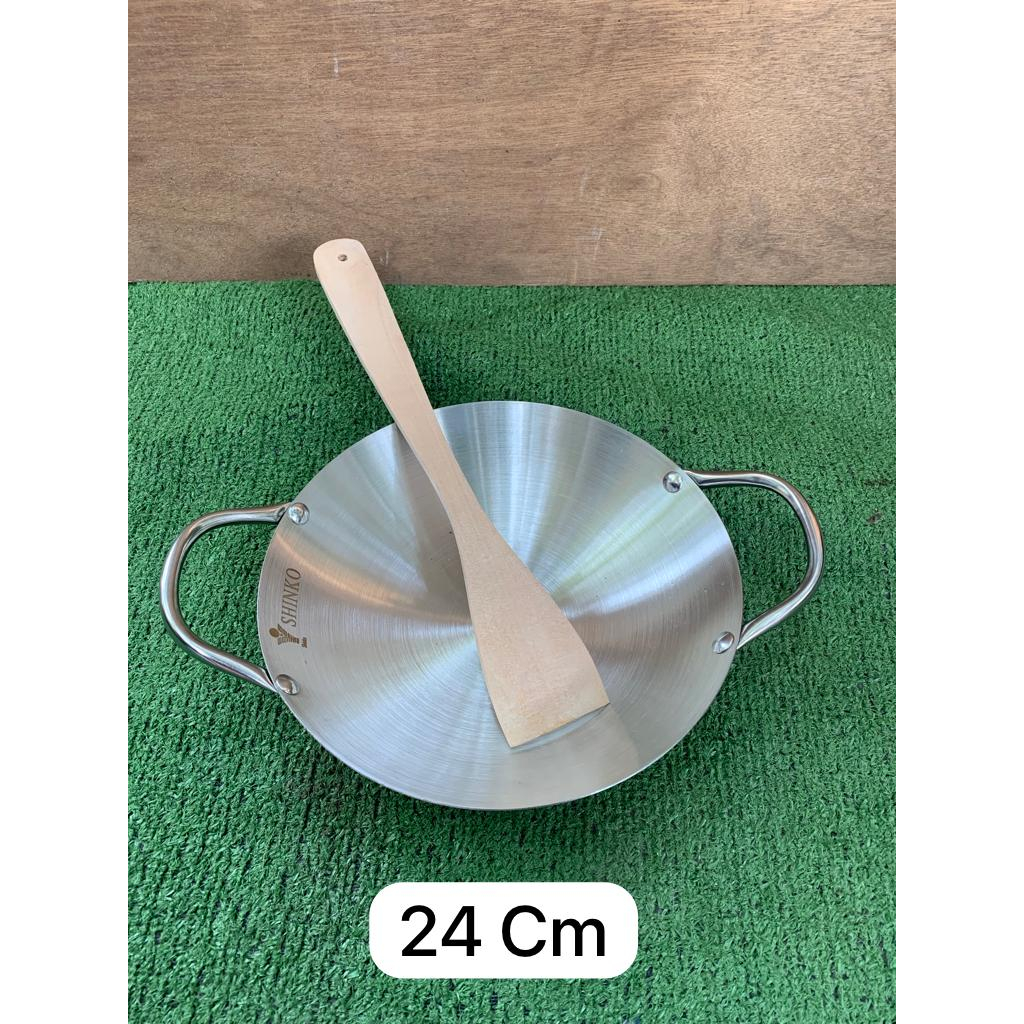 Wajan penggorengan kuali stainless steel shinko tebal anti lengket anti gosong free spatula kayu ukuran 24cm, 26cm, 28cm, 30cm, 32cm