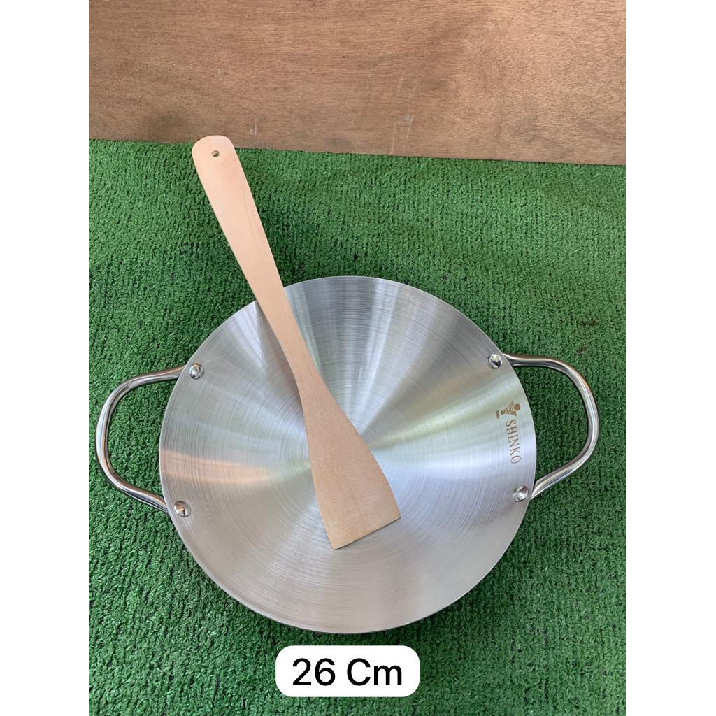 Wajan penggorengan kuali stainless tebal shinko anti lengket anti gosong free spatula kayu 24,26,28,30,32 CM