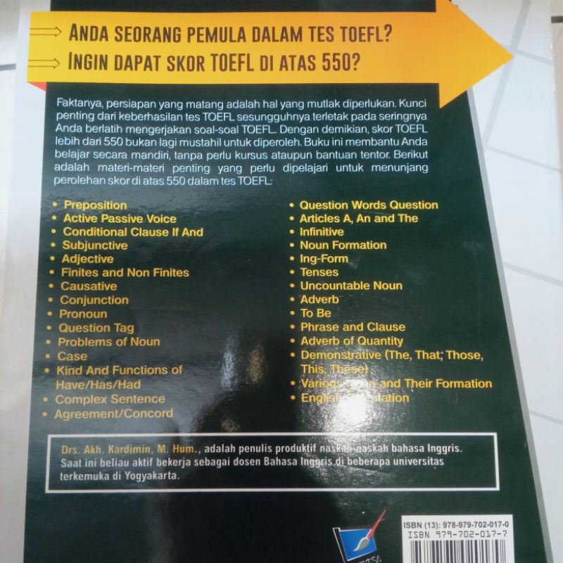 (ORIGINAL) BUKU TOEFL PREPARATION BOOK UNTUK PEMULA / RAIH SKOR 550 / Drs. Akh. Kardimin, M.Hum