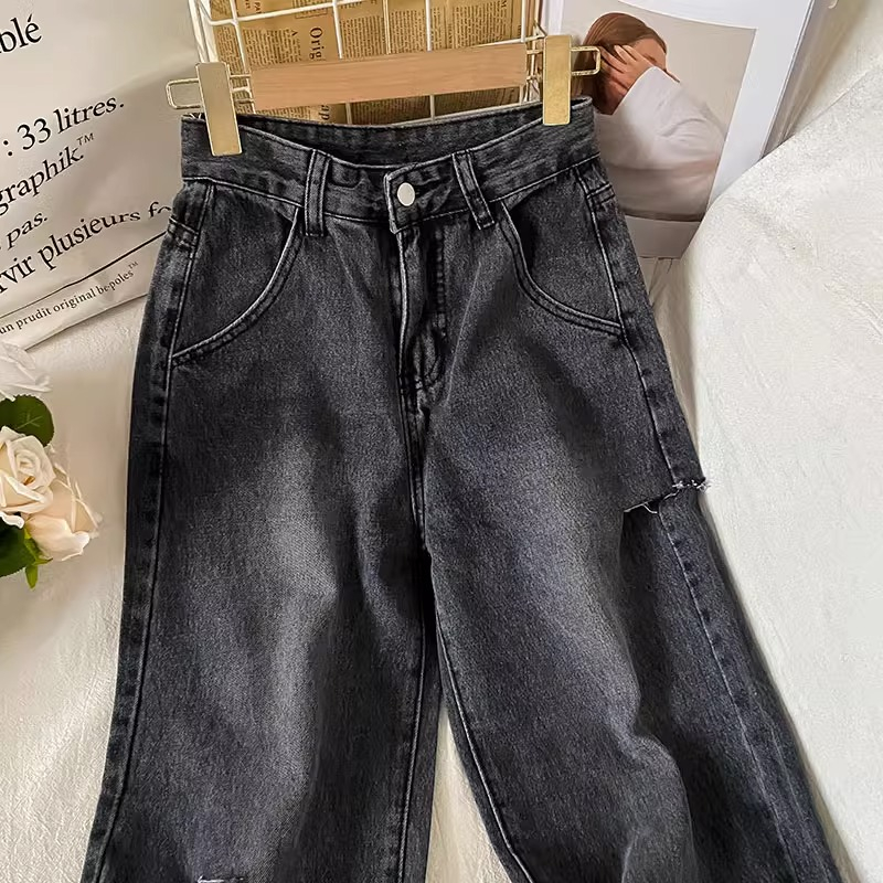 Sobek Jeans Highwaist Loose Celana Jeans Wanita Kelabu Hitam(realpict)