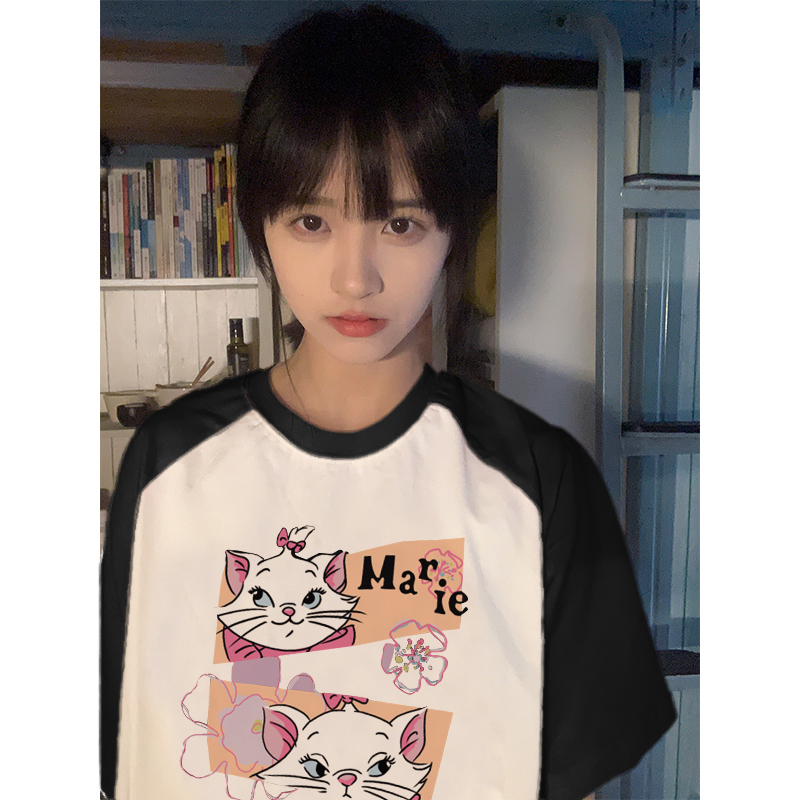 EUNII T-shirt Lengan Pendek Cartoon Marie Cat Korean Style/Kaos Atasan Wanita/Baju Kaus Oversize Wanita/Kaos Wanita