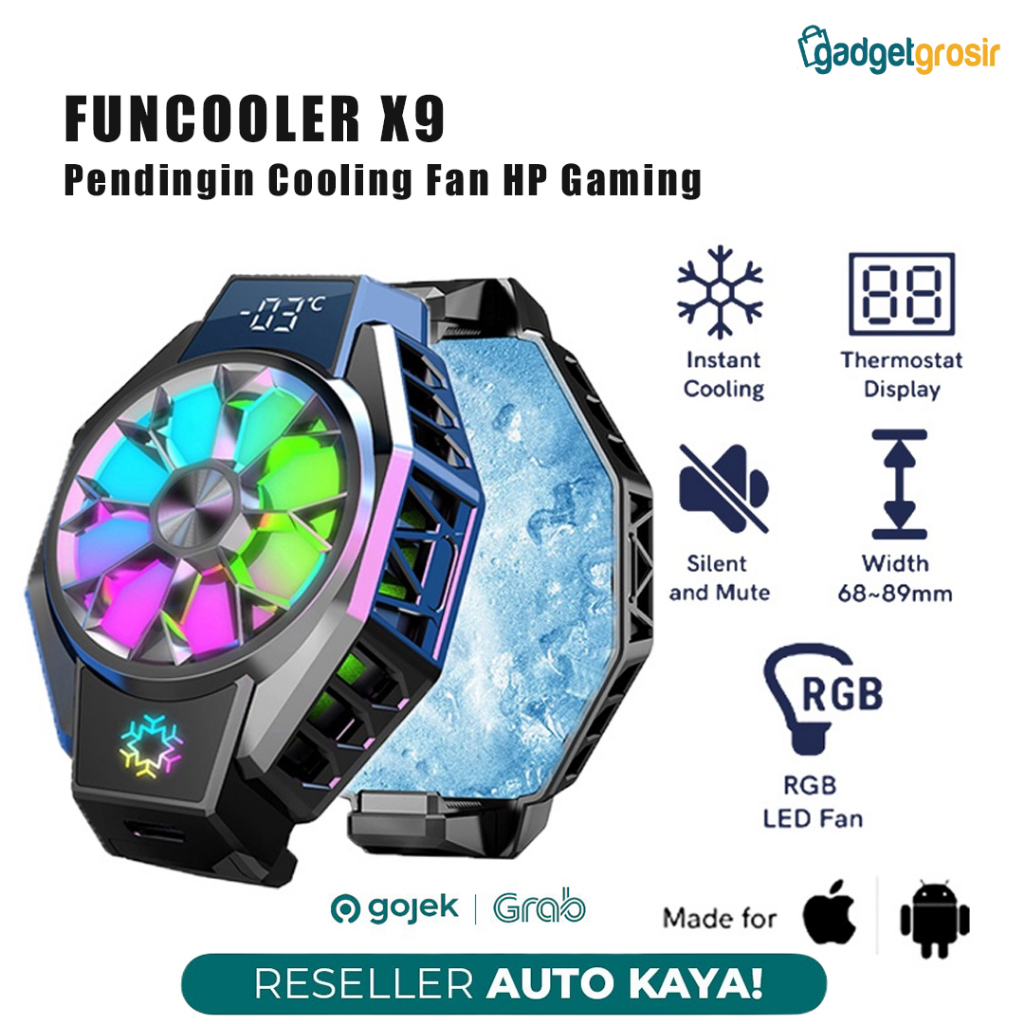 Funcooler X9 Cooling Fan Radiator RGB With Digital Display Pendingin HP Gaming Clip On Jepit Phone Fan Cooler Kipas Pendingin Handphone