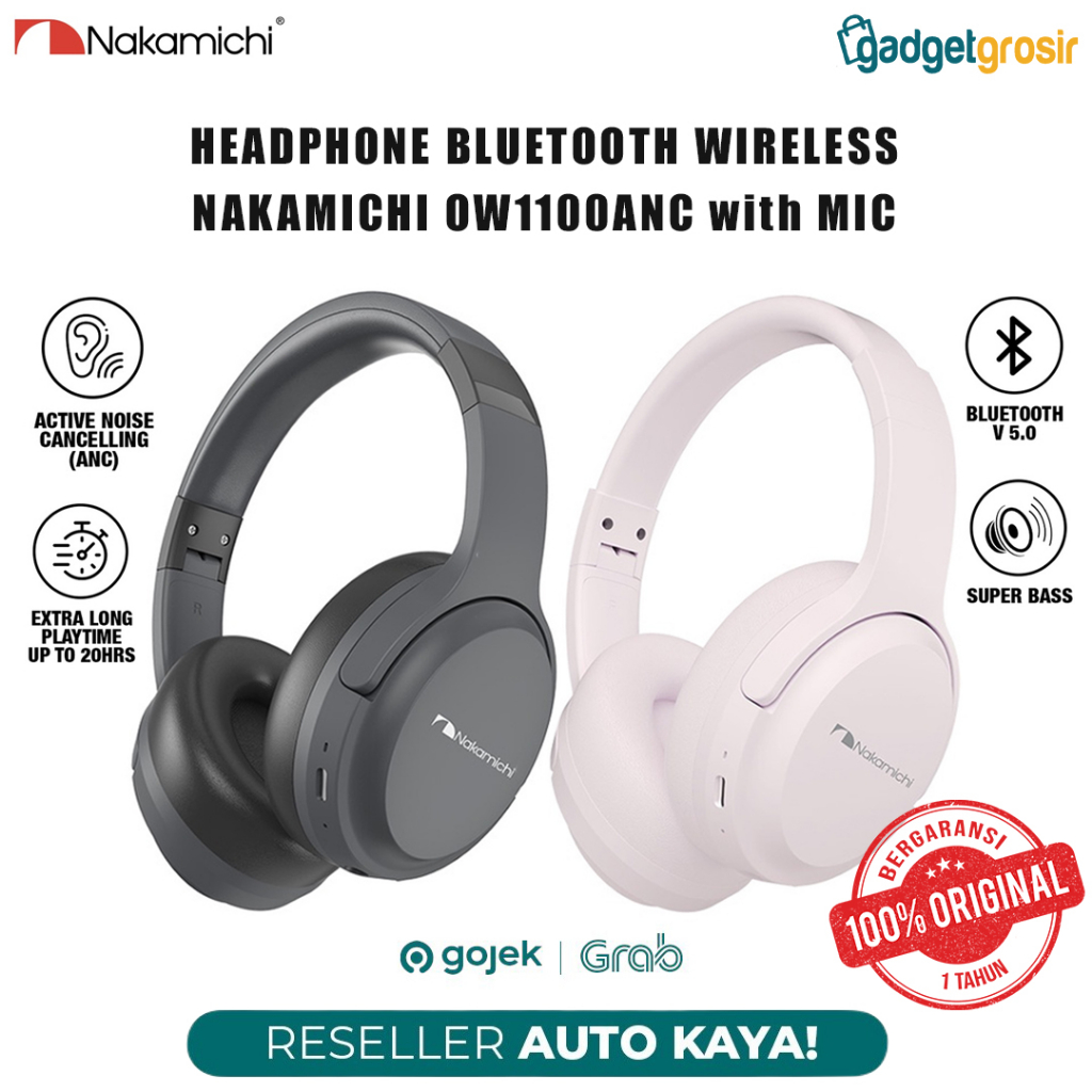 Headphone Bluetooth Nakamichi OW1100ANC Wireless Active Noise Cancelling With Mic Suport Call Dual Mode WIreless Wired Aux Jack 3,5mm Type C Headset For HP Tab Laptop PC Original Garansi