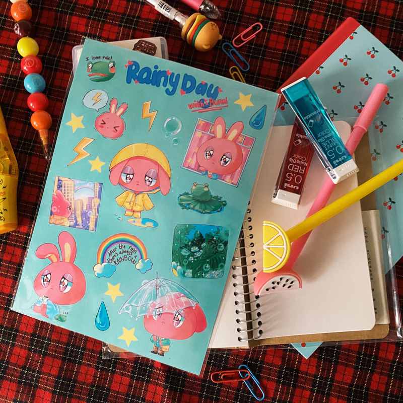 

Rainy Day with Bunni: a5 aesthetic sticker sheet bertemakan bermain di hari hujan