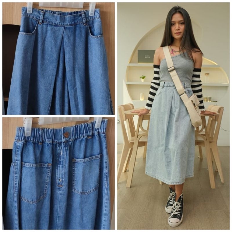 ♡ PREMIUM ♡ ORIGINAL ! TRESSA 2 WAYS DENIM [ SIZE M &amp; L ] MIDI JEANS SKIRT ( BISA PAKAI BOLAK BALIK )