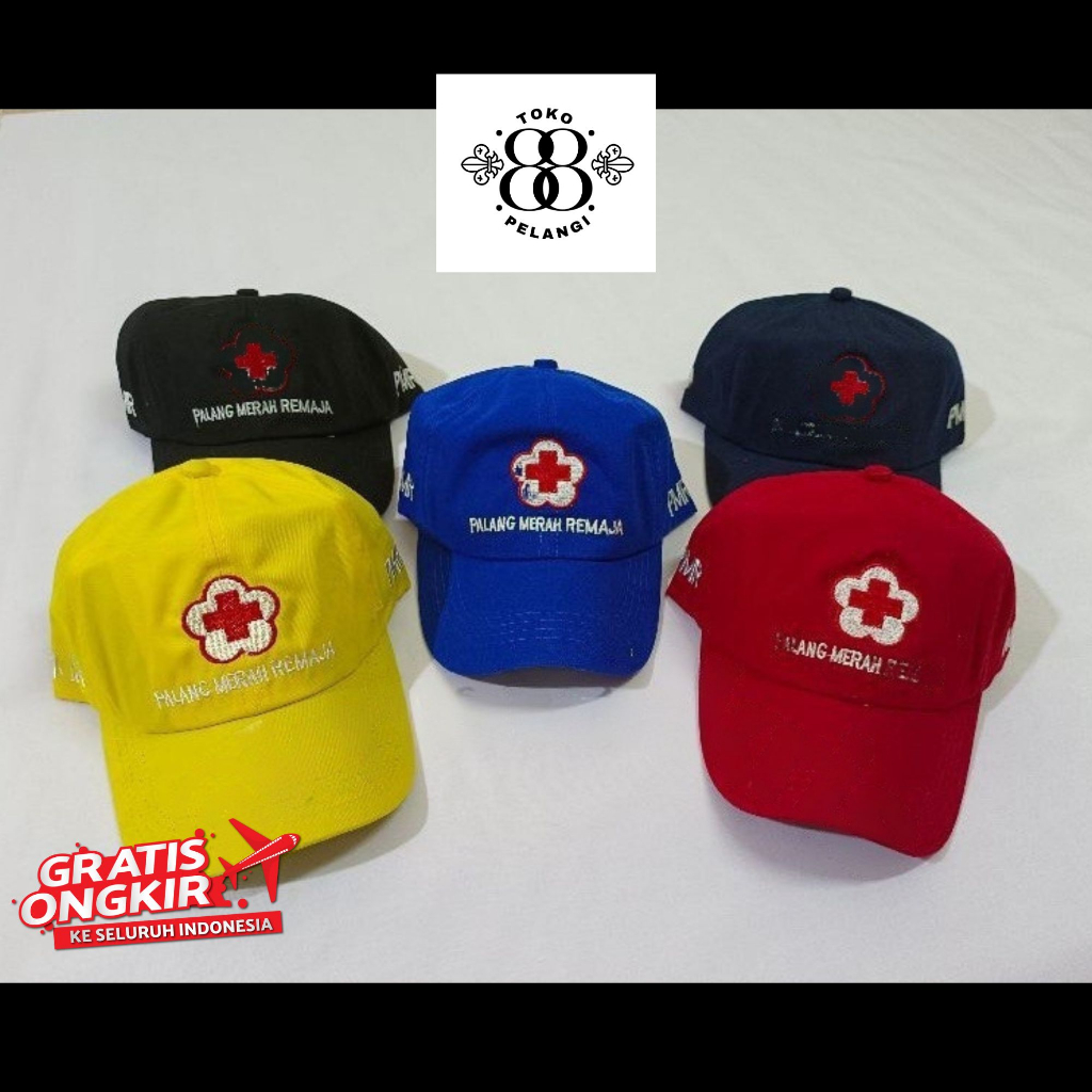 Topi PMR PMI Biru Kuning Dongker Bordir Topi Palang Merah Remaja Mady Wira Hitam