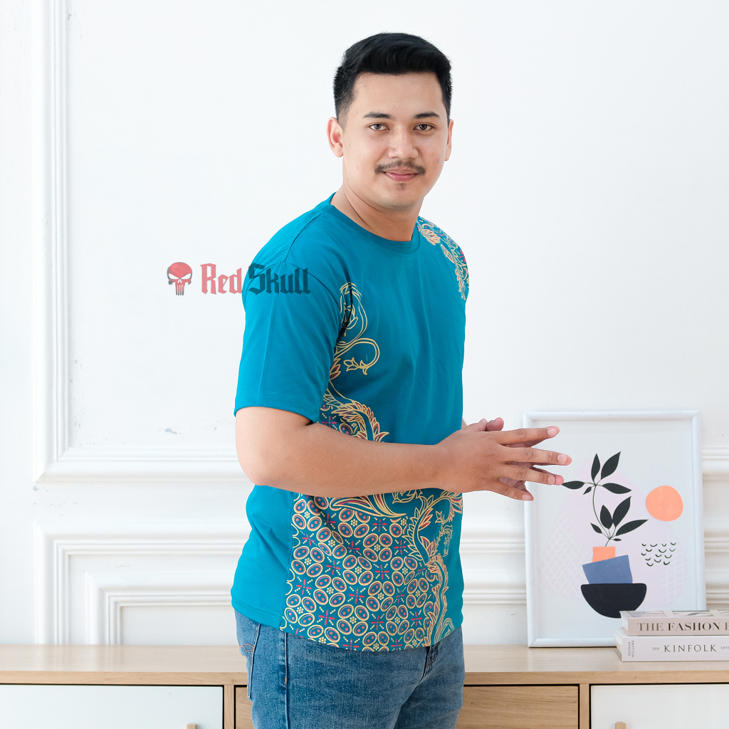 RED SKULL Kaos Oblong Pendek Katun Batik Kawung Bulat Unisex