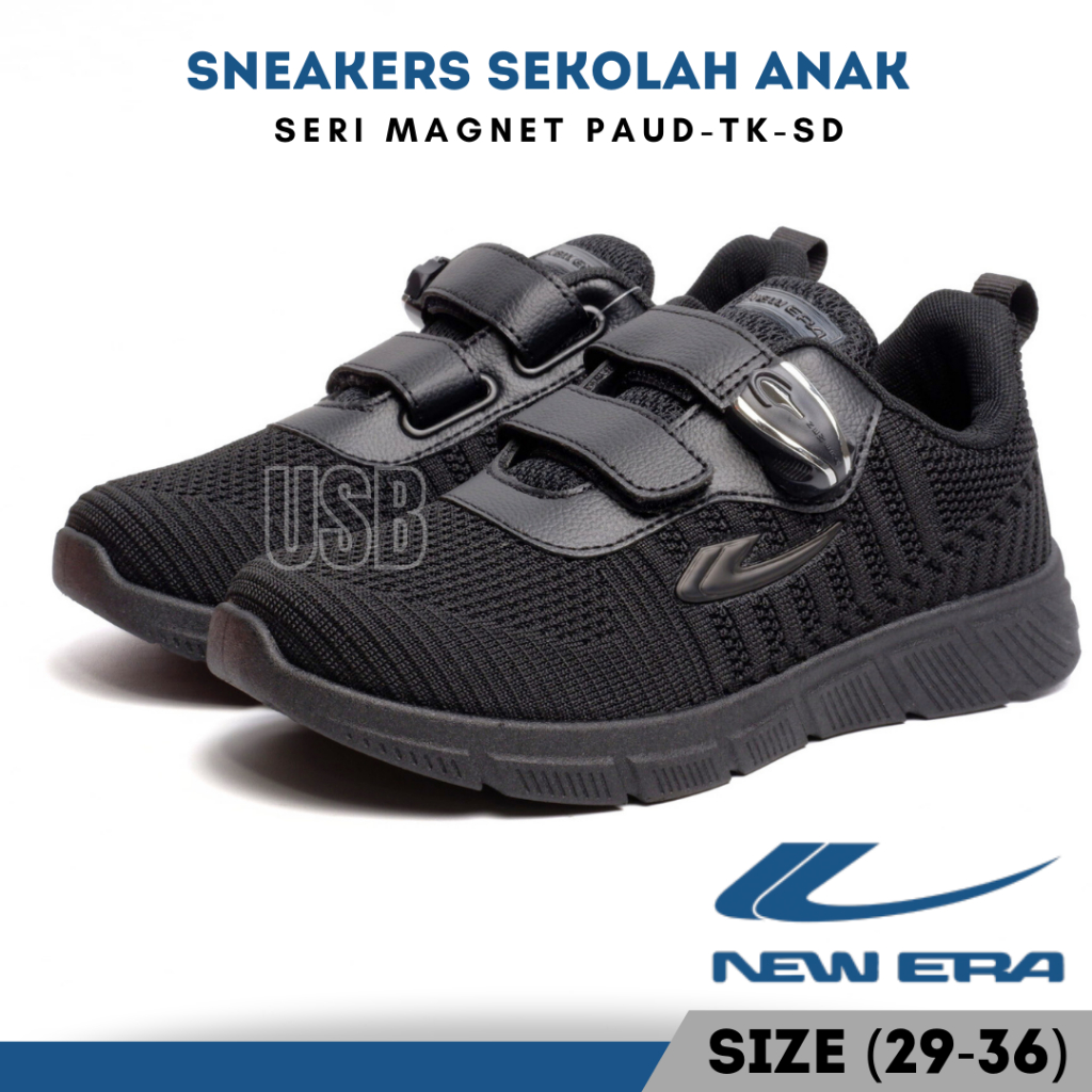 Sepatu Sekolah Anak Perempuan Laki Lelaki Sekolah Magnet PAUD TK SD New Era Indonesia Full Hitam Polos Strip Sneaker Anak2 Perekat Tempel