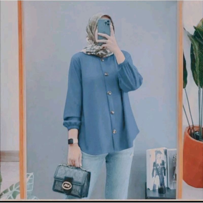 Vallina outfit-Devanca shirt Atasan Kemeja Blouse Kantoran Wanita Muslim bahan Cringkle harga grosir