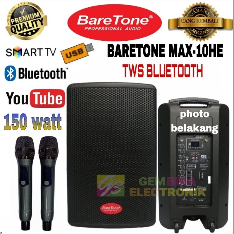 Paket Speaker Aktif Portable Baretone MAX10HE 10 inch Original Garansi Resmi Baretone Tws Bluetooth