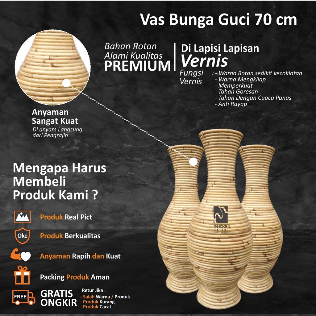 Guci Rotan Vas Bunga Rattan Ukuran 100 / 70 / 60 / 50 / 30 cm Pot Dekorasi Studio Foto Finishing Ver