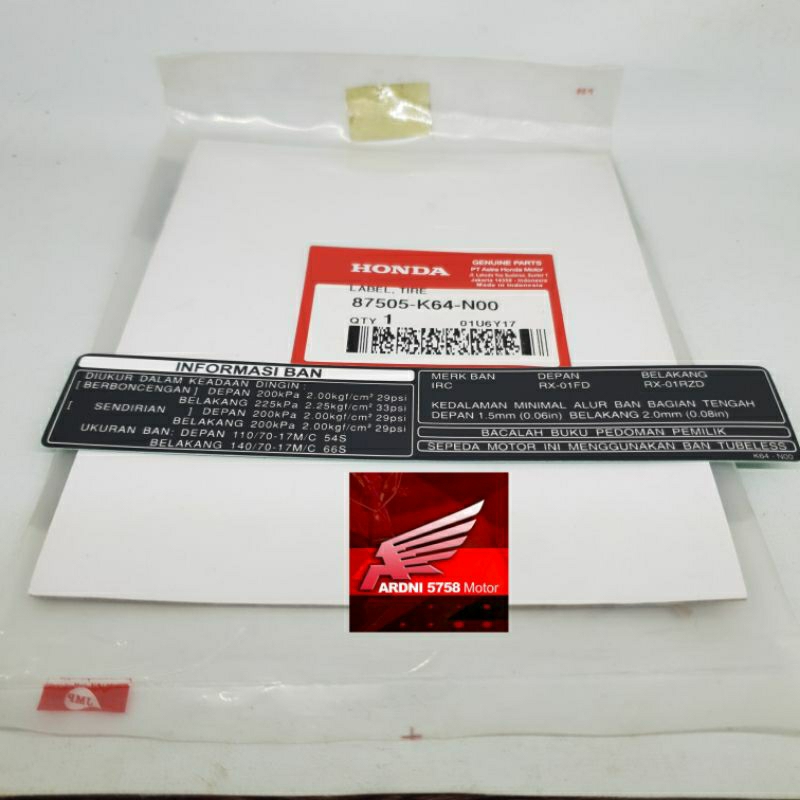LABEL TIRE STICKER STIKER INFORMASI BAN HONDA CBR 250 R CBR 250 RR 87505K64N00 ORIGINAL HONDA