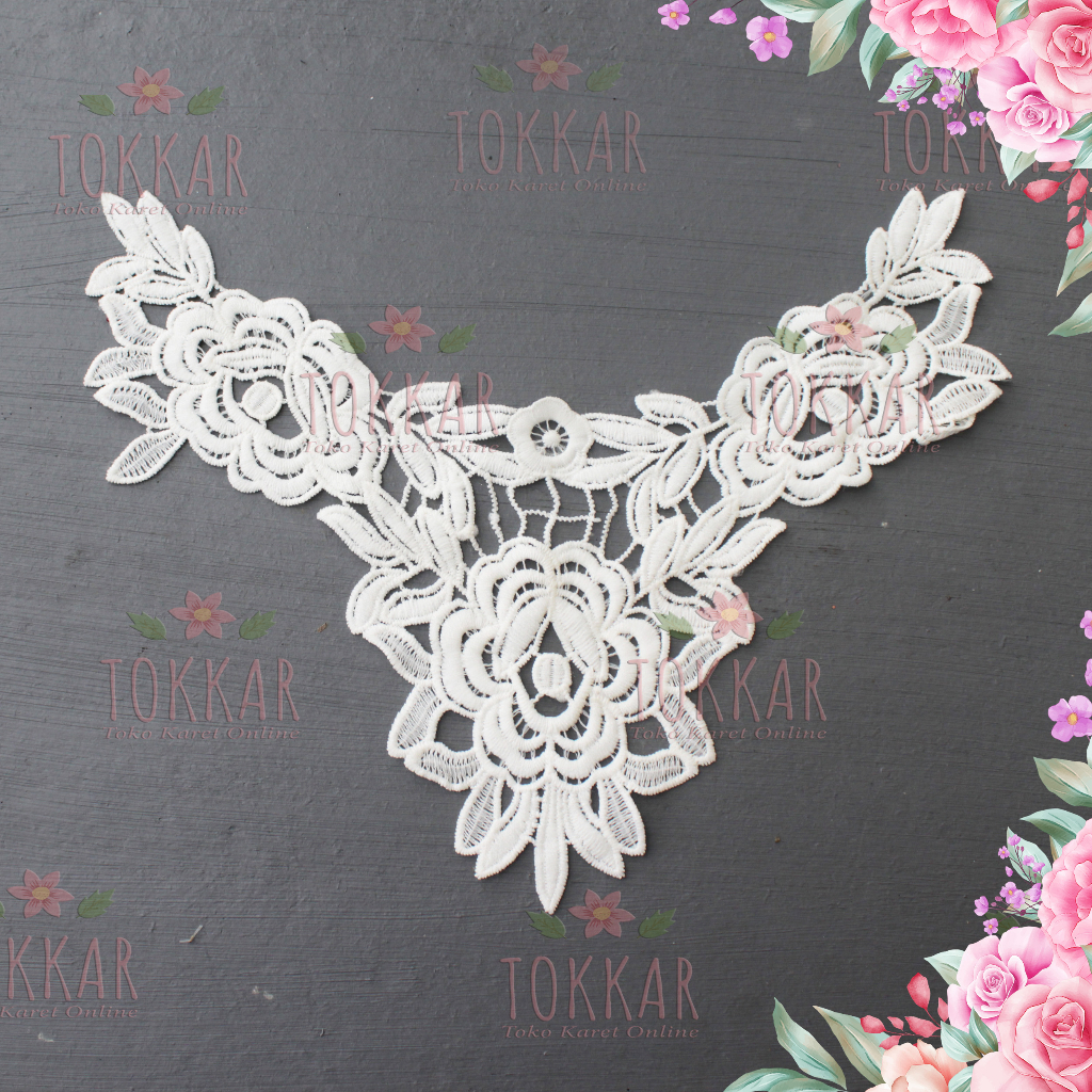 (Per Pcs) AP430 Aplikasi Leher / Kerah Bordir Tempel / Renda Leher Broken White