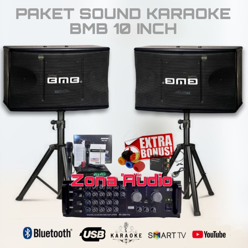 PAKET KARAOKE SOUND SYSTEM SPEAKER BMB 10 INCH AMPLIFIER HARDWELL MIC WIRELESS PAKET SOUND RUMAH TER