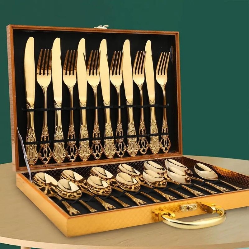Sendok Garpu Pisau Sendok Teh Kecil Koper Gold Ukir Alat Makan Sultan Mewah Vintage Cutlery Set Roya