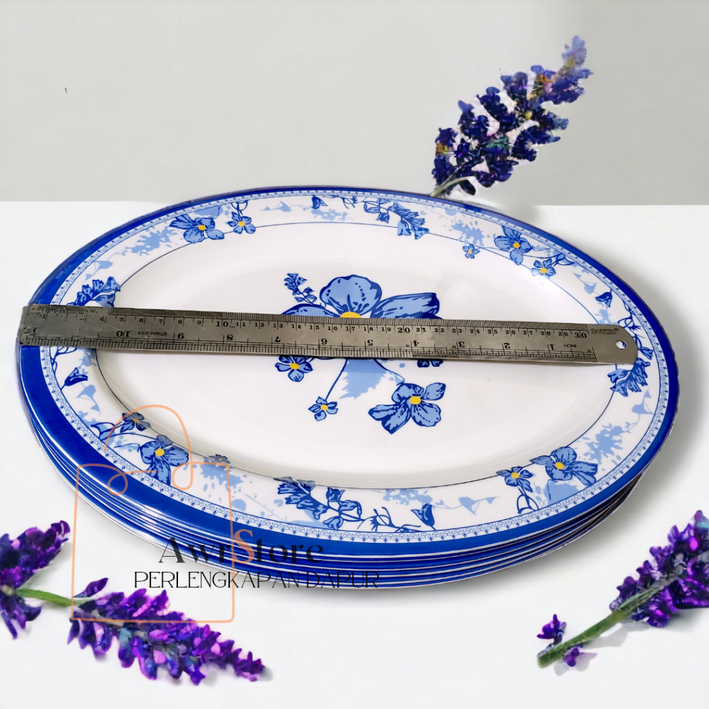 PROMO 3 PCS PIRING OVAL LONJONG BESAR MELAMIN BUNGA BIRU MEWAH PIRING LODOR SAJI MURAH PIRING PRASMA