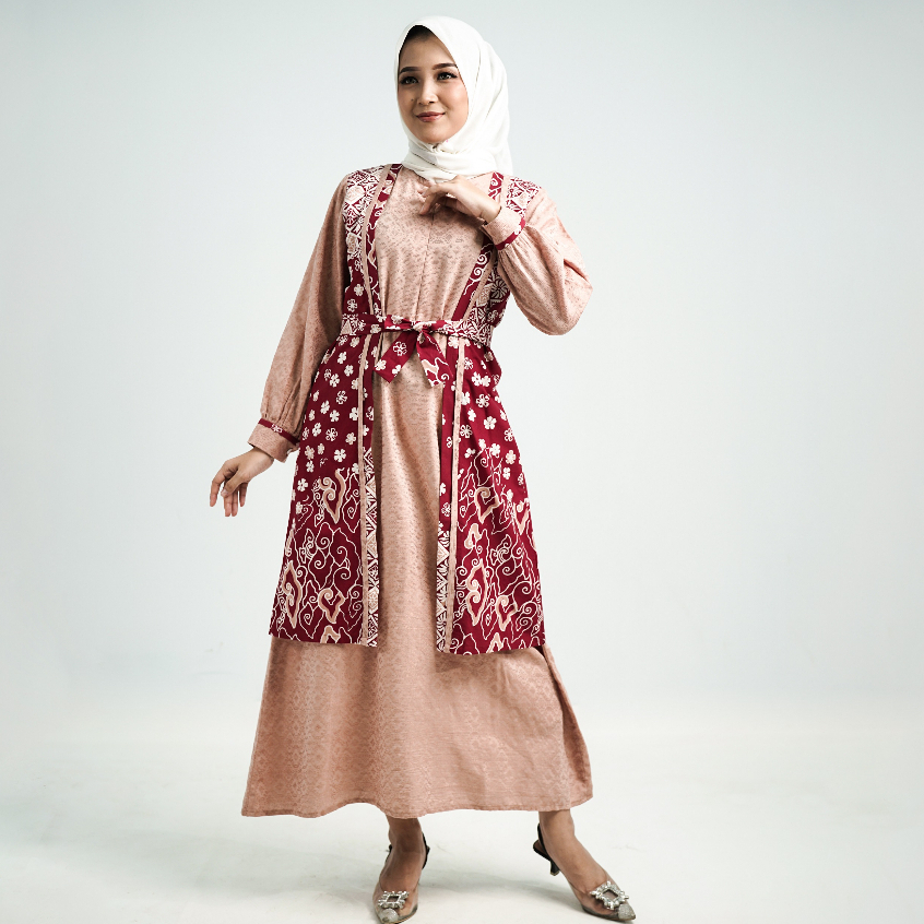 BATIK TRUSMI Dress Gamis Batik Cap Dobby Batik Mega Mendung Merah Kirbung