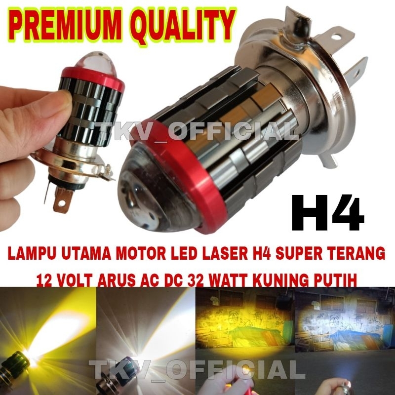BOHLAM DEPAN MOTOR LED LASER H4 AC DC 32W LASER LED CAHAYA KUNING PUTIH/LAMPU UTAMA MOTOR H4 3 KAKI/