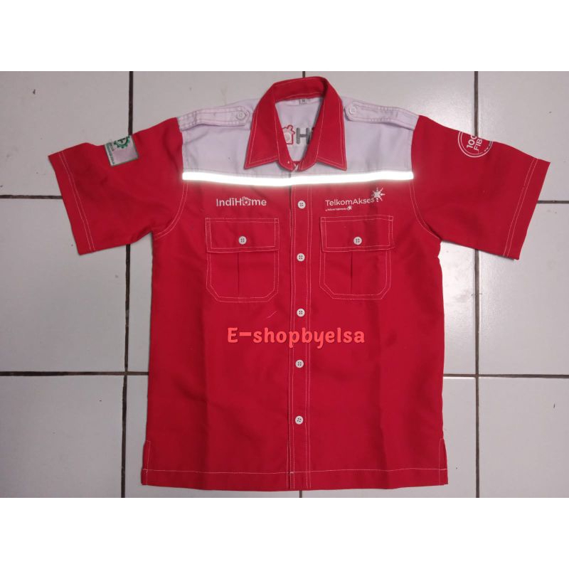 NEW Seragam Indihome Lengan Pendek Baju Telkom Kemeja Kerja Pria Merah Putih Logo Bordir K3