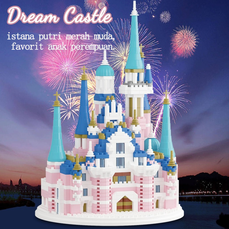 Model blok bangunan istana putri Set merah muda biru Kota gereja klasik mainan konstruksi bata kartu
