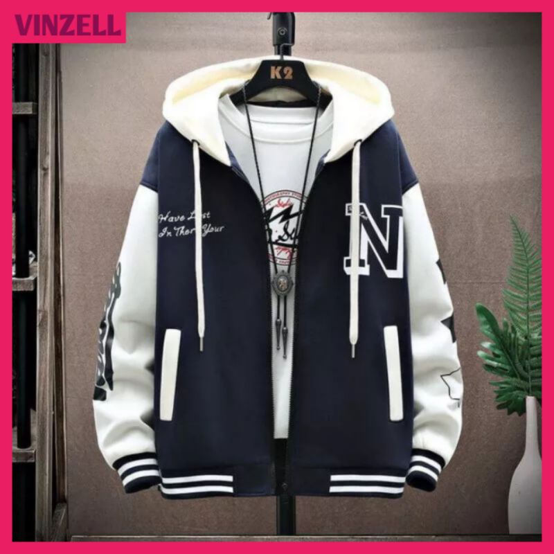 JAKET VARSITY HOODIE ZIPPER JAKET BASEBALL PRIA WANITA JUMBO (S-6XL) INISIAL LOGO N JAKET RESLETING 