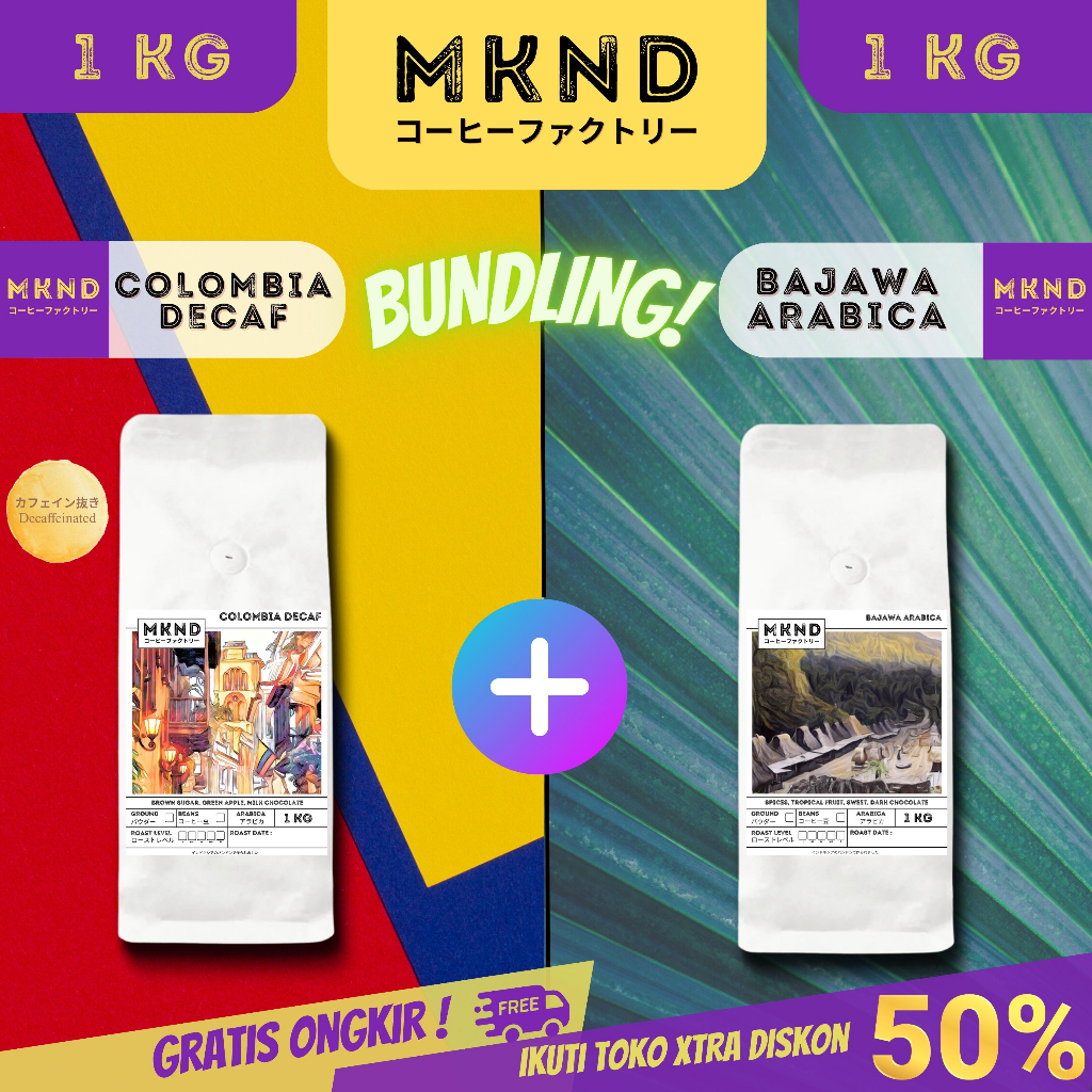 

MKND® BUNDLING HEMAT 2X1KG KOPI COLOMBIA DECAF IMPORT + KOPI ARABIKA BAJAWA GRADE 1 SINGLE ORIGIN PROMO DISECON | BIJI BUBUK | SINGLE ORIGIN | PREMIUM COFFE | ROASTED BEANS | MANUAL BREW | COFFE ROASTERY