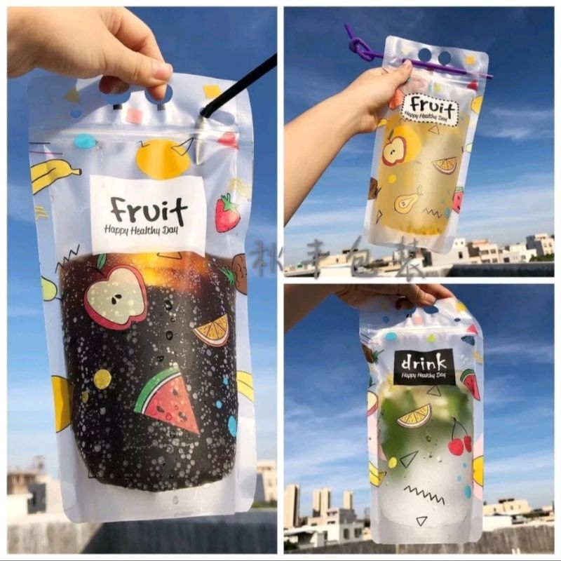 per 1pcs standing pouch kemasan minuman 500ml motif viral gratis sedotan / pipet kekinian individual